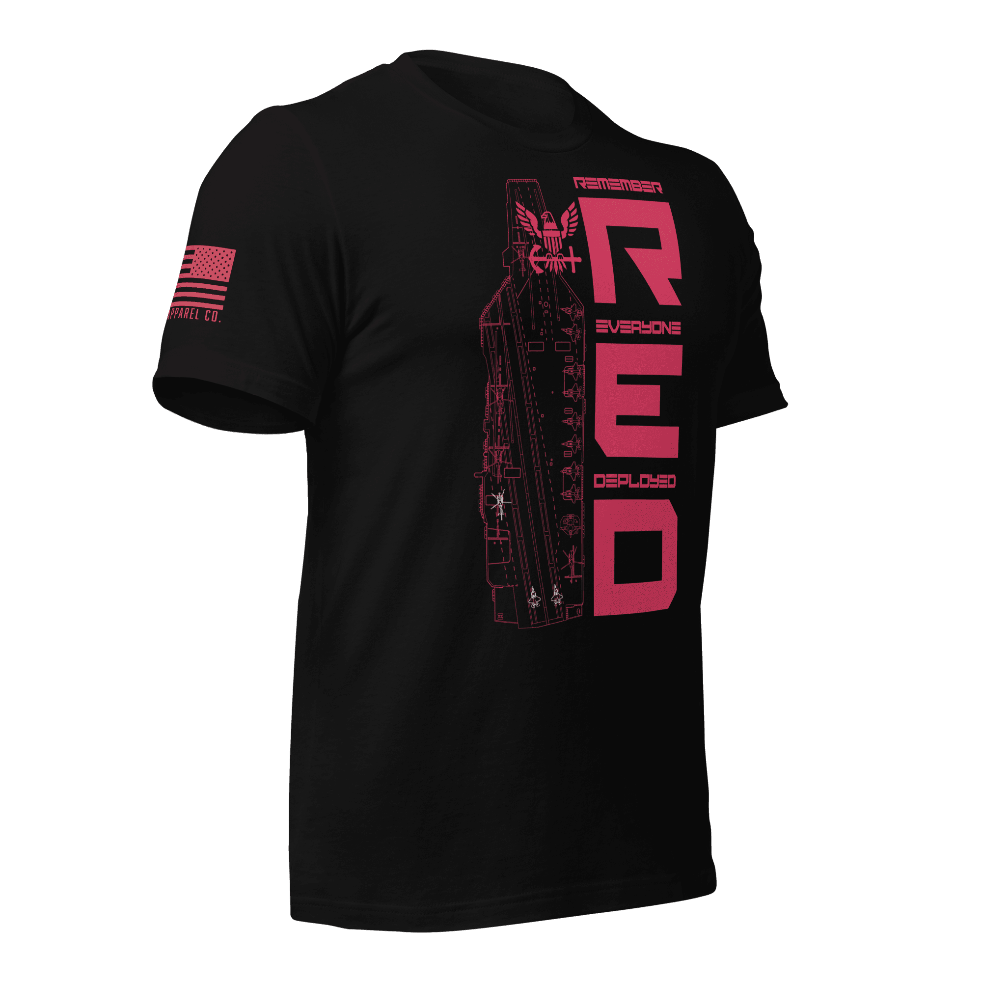 Angled front right view of black Navy R.E.D. T-shirt with ship silhouette