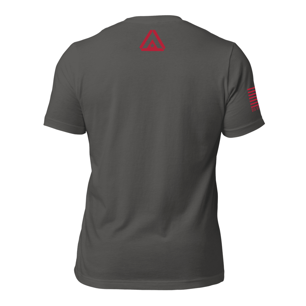 Back view of asphalt gray Navy R.E.D. T-shirt with red DIA logo near neckline