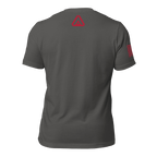 Back view of asphalt gray Navy R.E.D. T-shirt with red DIA logo near neckline