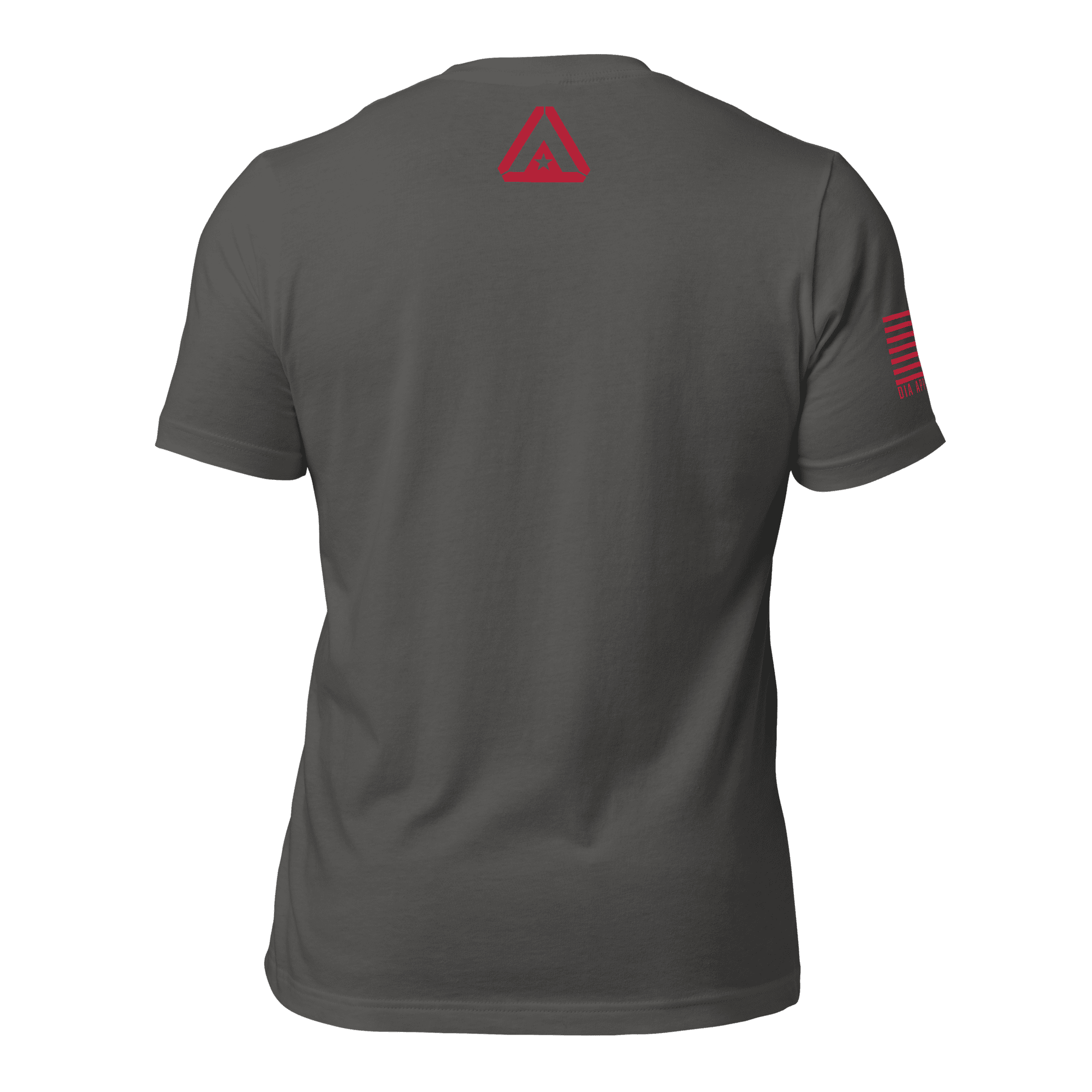 Back view of asphalt gray Navy R.E.D. T-shirt with red DIA logo near neckline