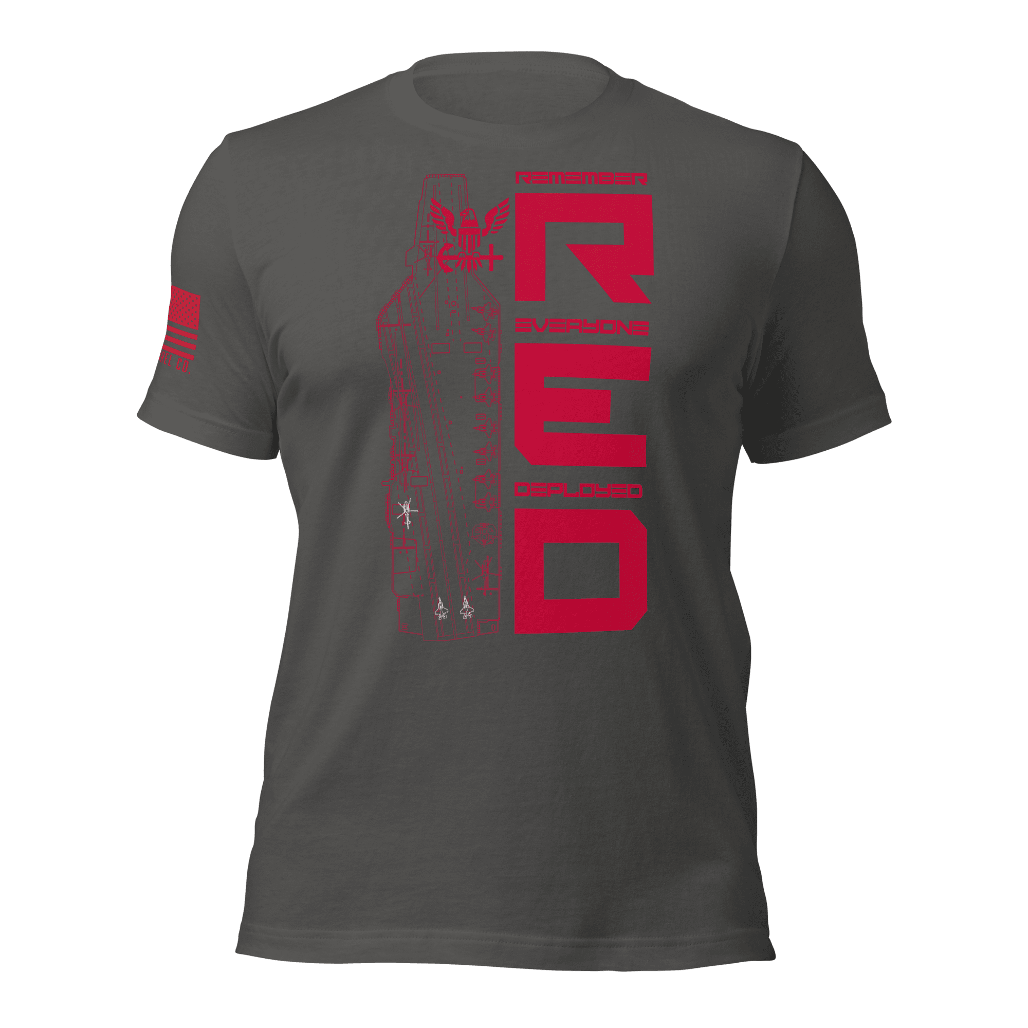 Asphalt gray Navy edition R.E.D. T-shirt front with red vertical graphic