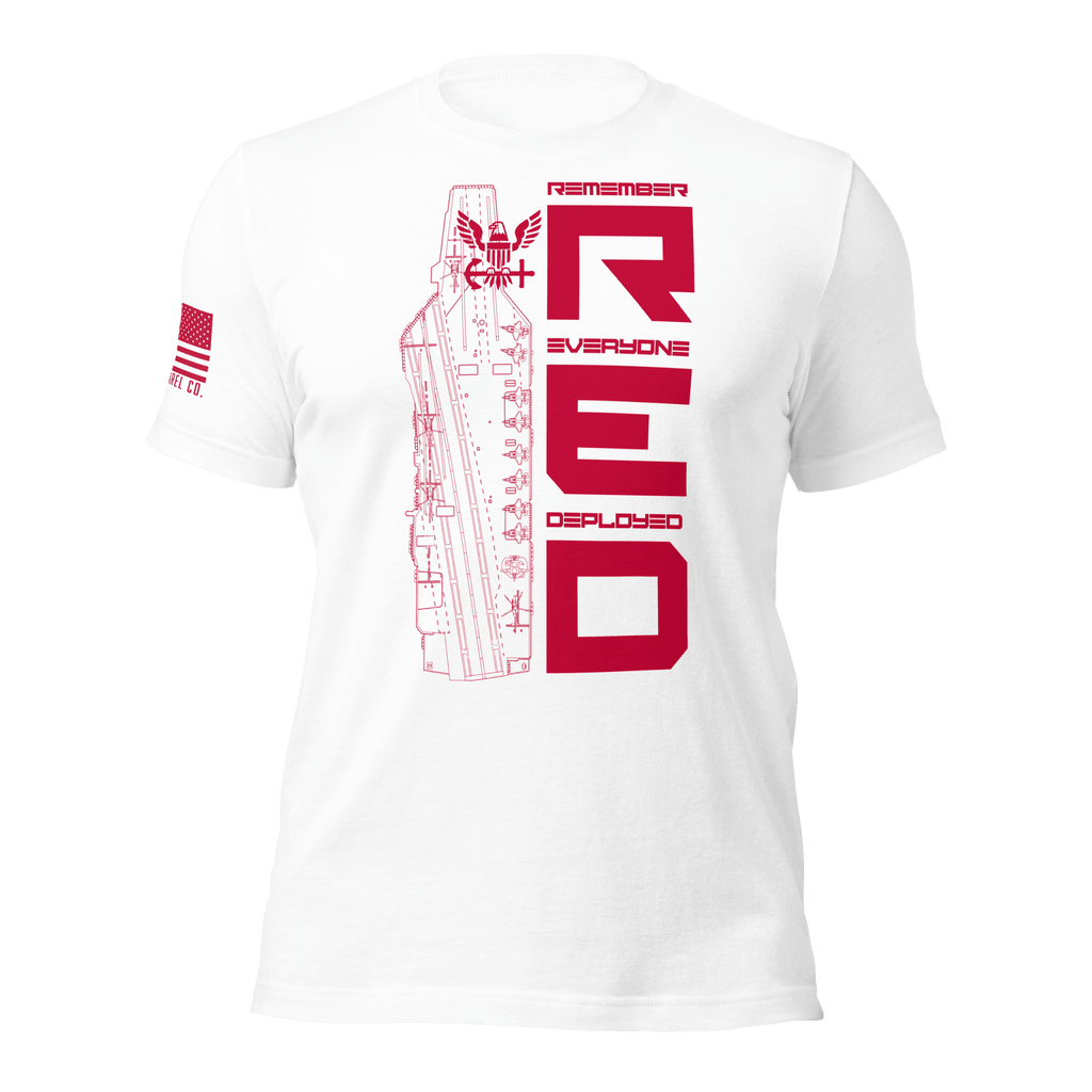 White “Remember Everyone Deployed R.E.D.” Navy T-shirt front with red graphic