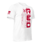 Angled front right of white Navy R.E.D. graphic tee with red text and emblem