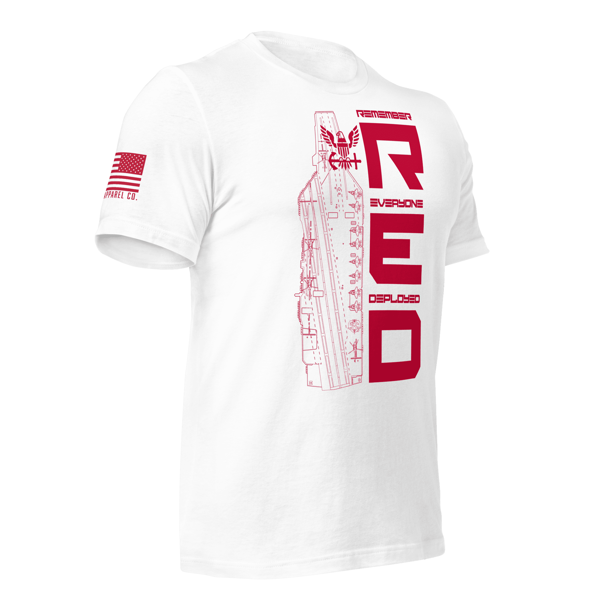 Angled front right of white Navy R.E.D. graphic tee with red text and emblem