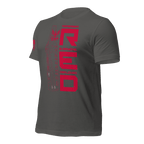 Angled front left of asphalt gray Navy R.E.D. T-shirt with patriotic design