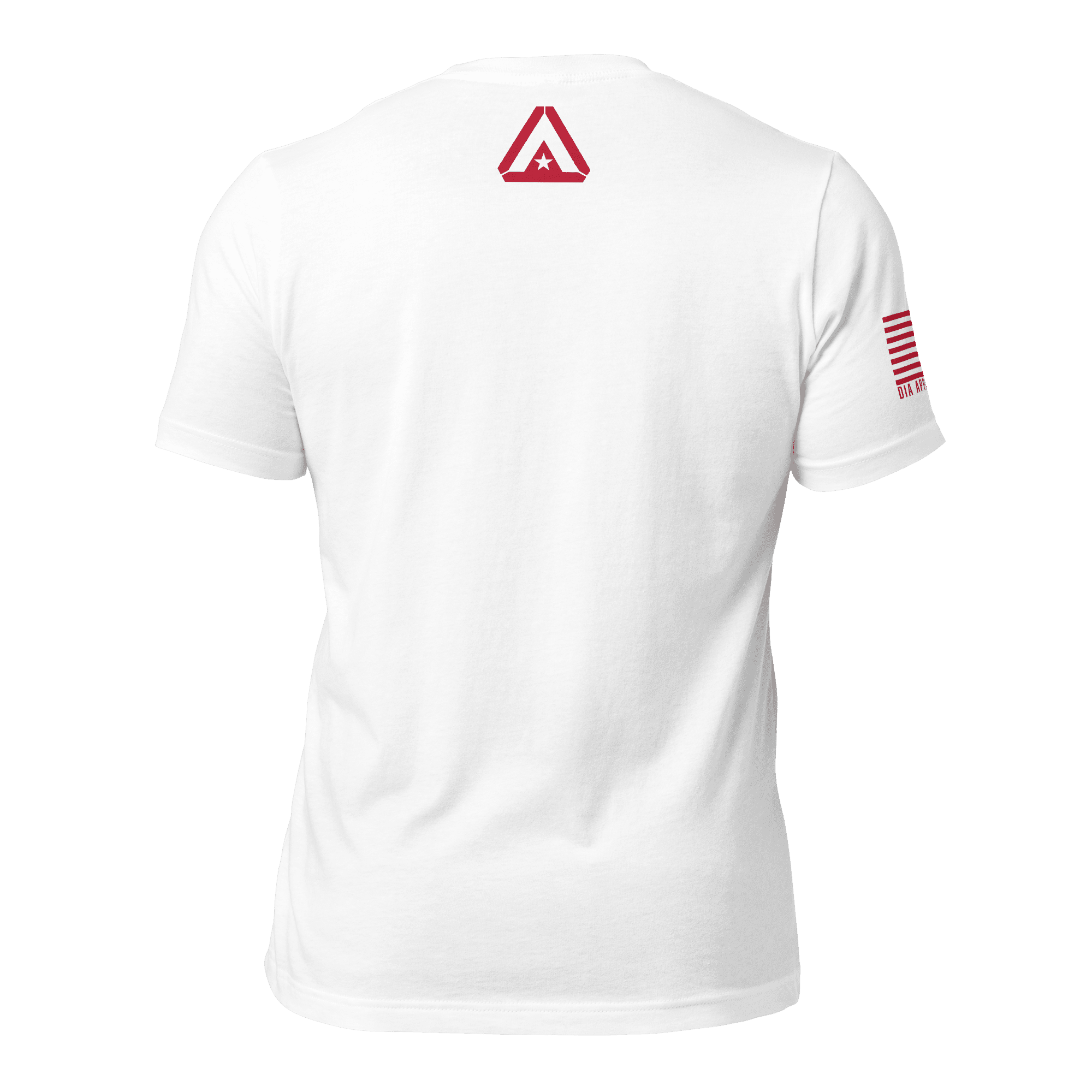 Back view of white Navy R.E.D. T-shirt with red DIA logo under collar