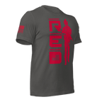 Asphalt gray t-shirt, angled left, featuring red R.E.D. text, soldier silhouette, and red American flag on the sleeve.