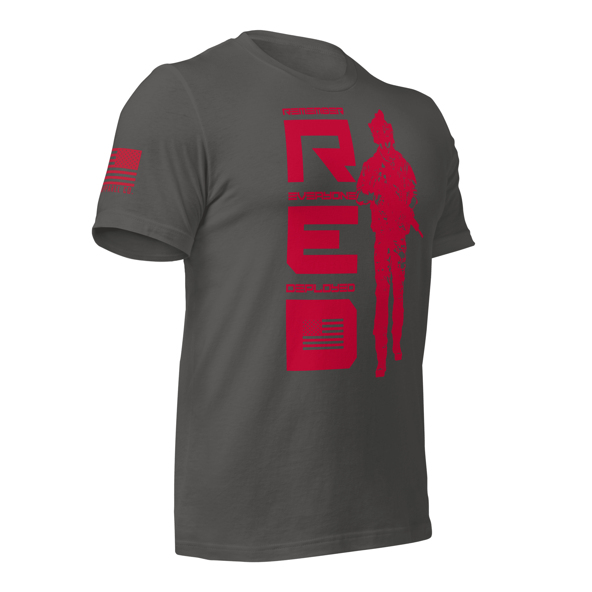 Asphalt gray t-shirt, angled left, featuring red R.E.D. text, soldier silhouette, and red American flag on the sleeve.