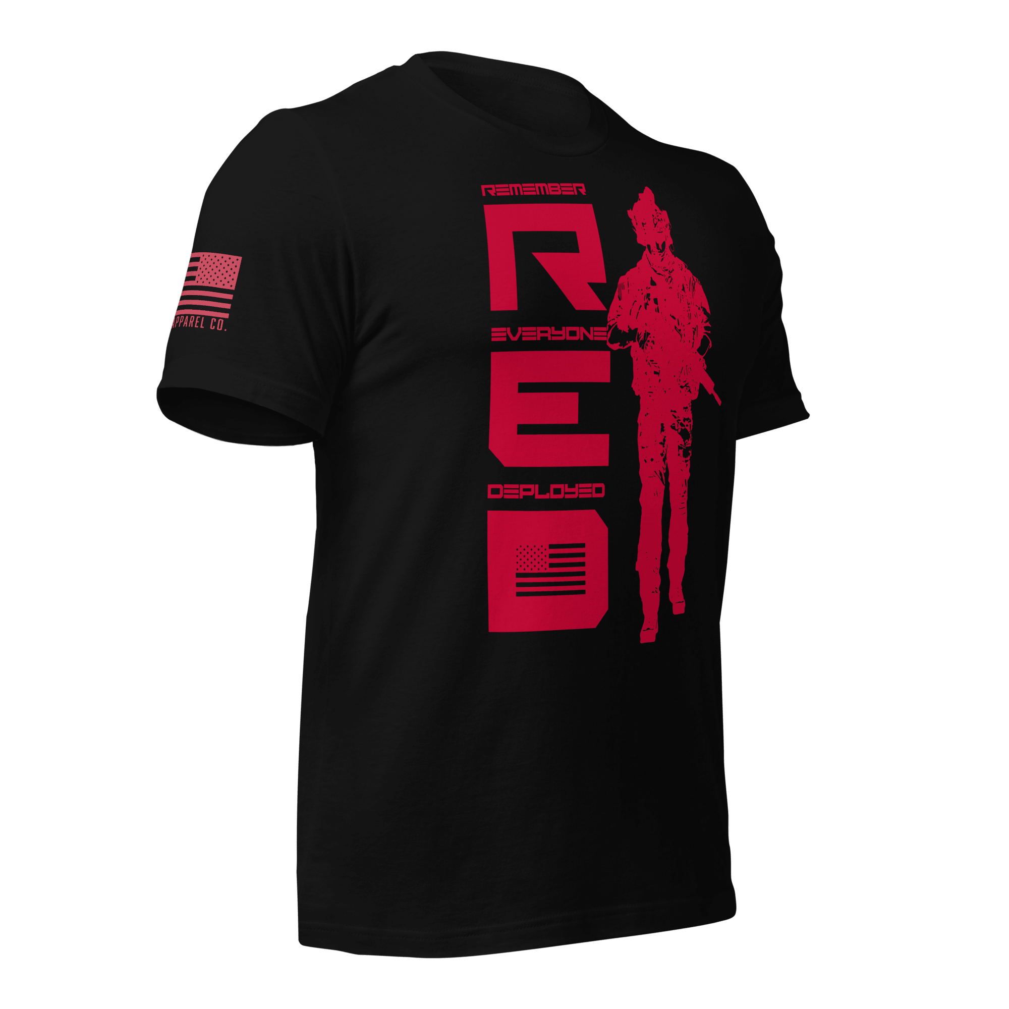 Black t-shirt, angled left, featuring red R.E.D. text, soldier silhouette, and red American flag on the sleeve.