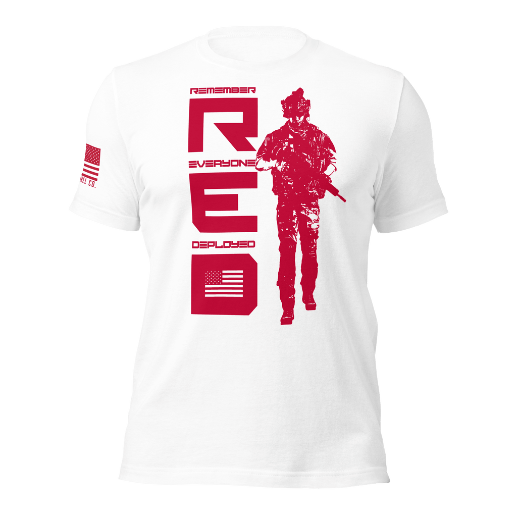White t-shirt featuring red vertical R.E.D. text, soldier silhouette, and red American flag on the right sleeve.