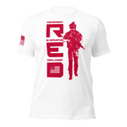 White t-shirt featuring red vertical R.E.D. text, soldier silhouette, and red American flag on the right sleeve.