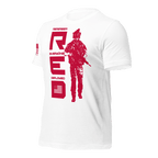 White t-shirt, angled right, featuring red vertical R.E.D. text, soldier silhouette, and red American flag on the sleeve.