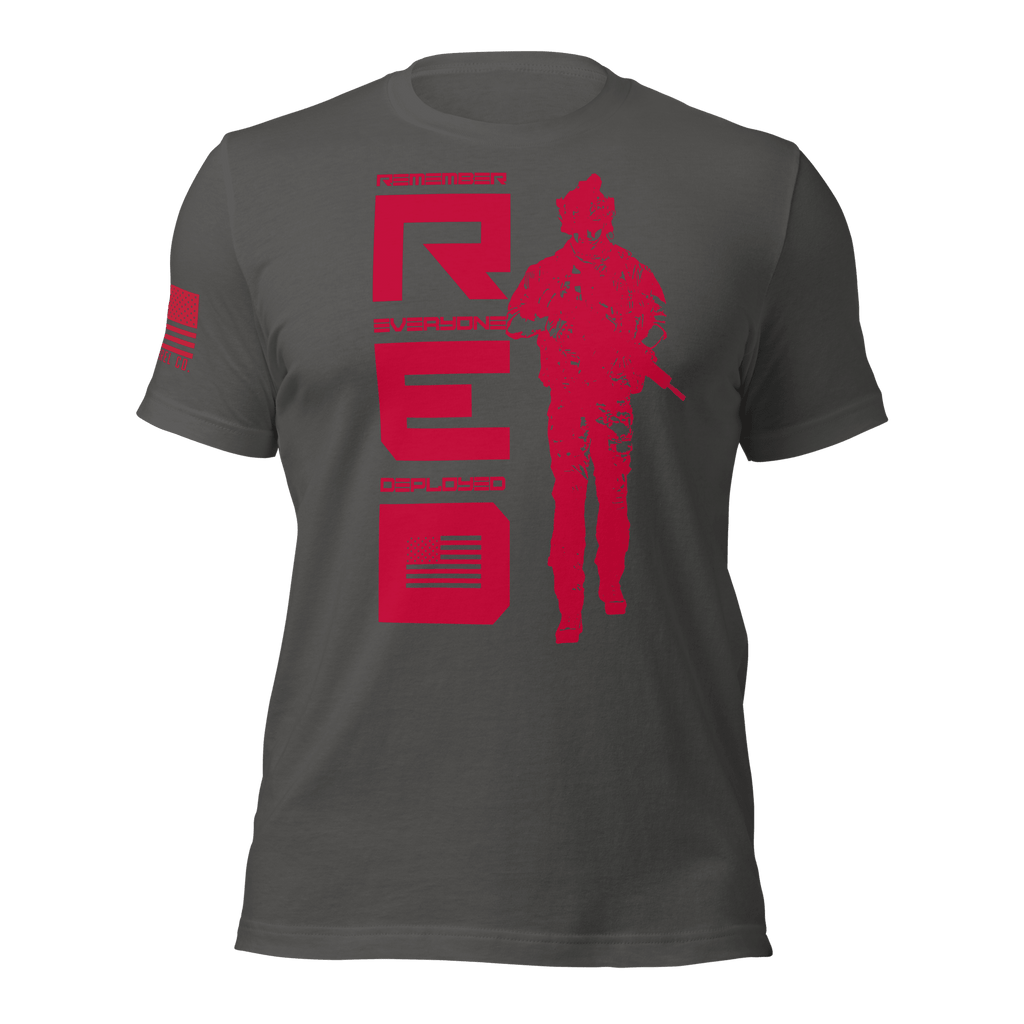 Asphalt gray t-shirt featuring red vertical R.E.D. text, soldier silhouette, and red American flag on the sleeve.