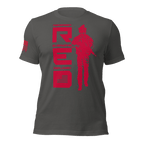 Asphalt gray t-shirt featuring red vertical R.E.D. text, soldier silhouette, and red American flag on the sleeve.