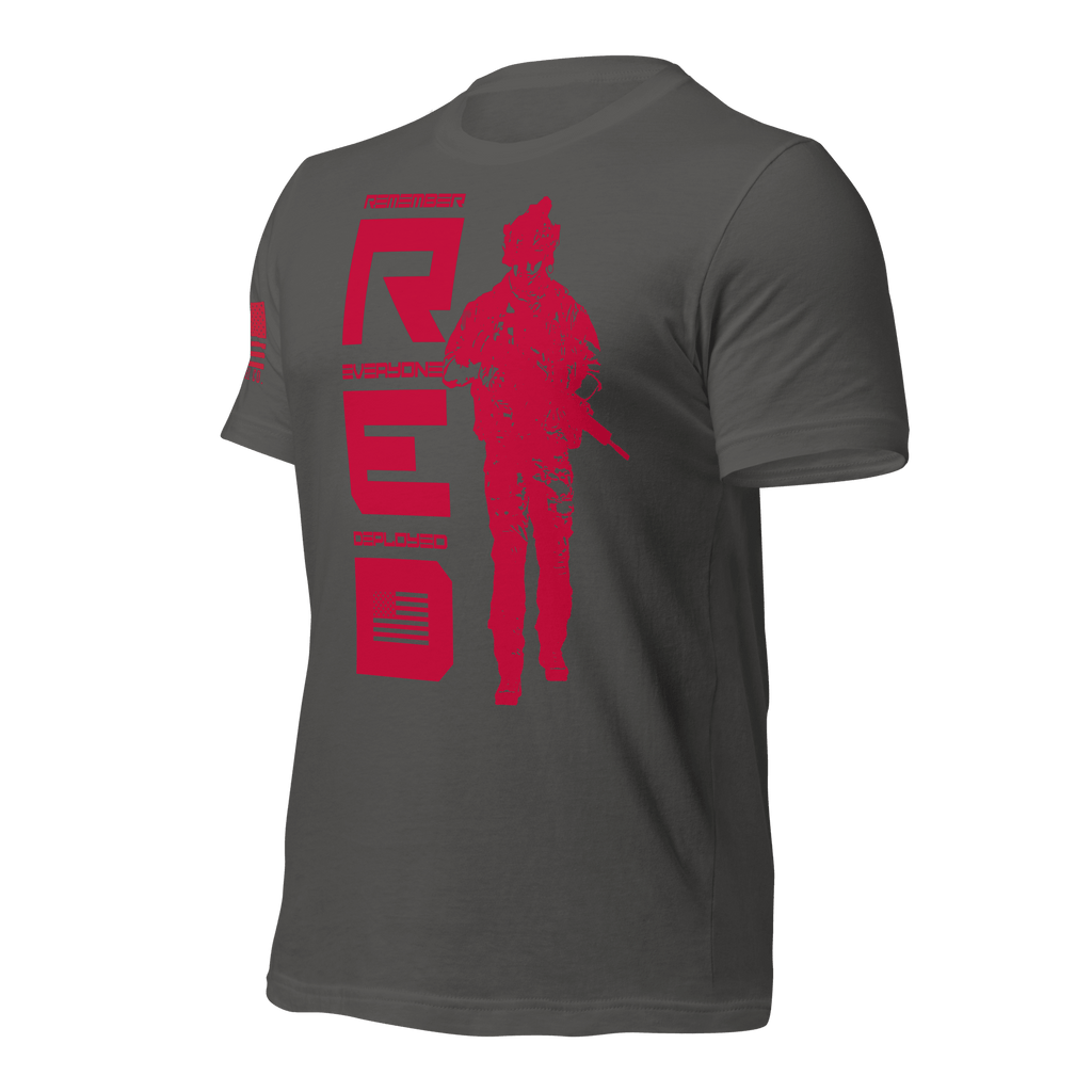 Asphalt gray t-shirt, angled right, featuring red R.E.D. text, soldier silhouette, and red American flag on the sleeve.