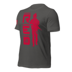 Asphalt gray t-shirt, angled right, featuring red R.E.D. text, soldier silhouette, and red American flag on the sleeve.