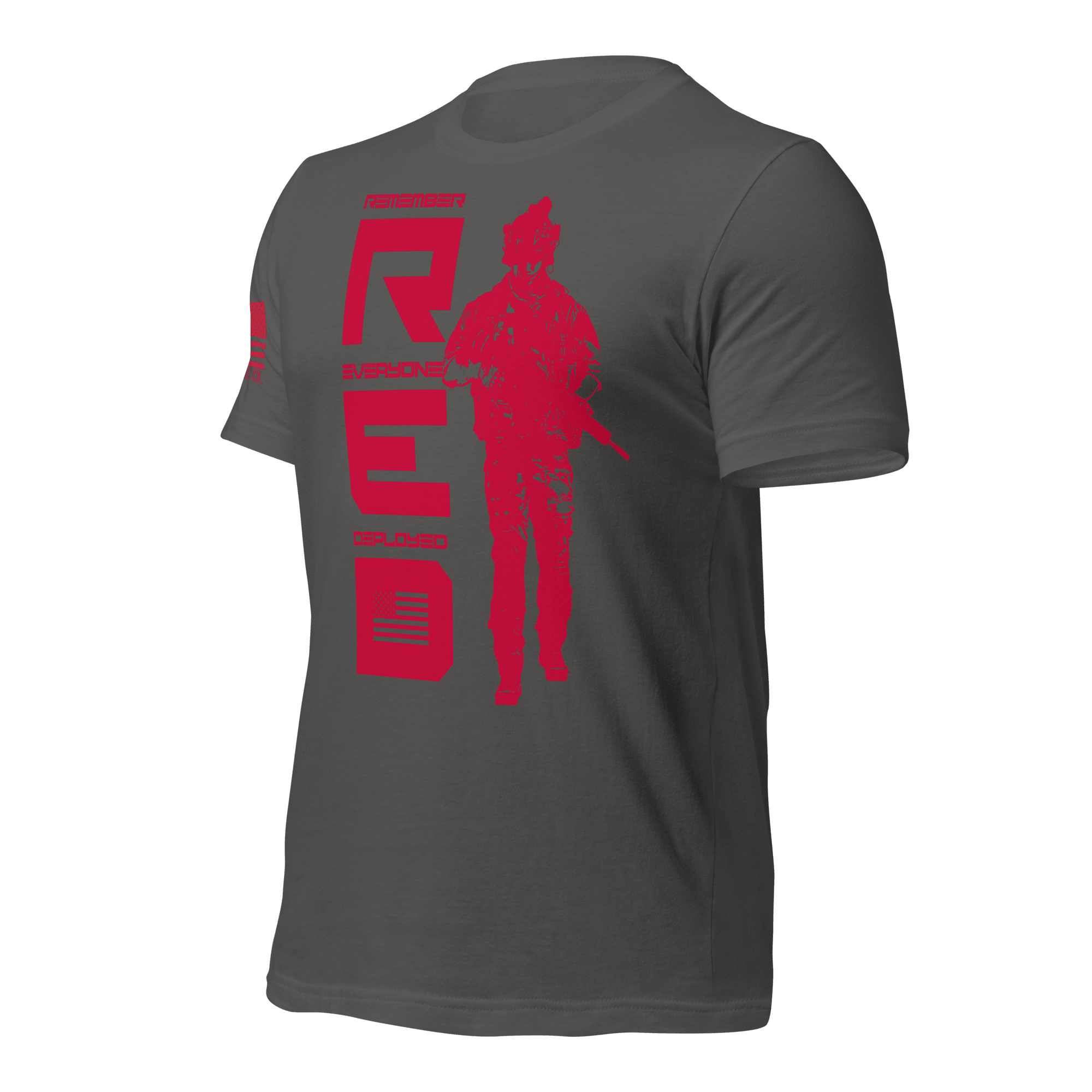Asphalt gray t-shirt, angled right, featuring red R.E.D. text, soldier silhouette, and red American flag on the sleeve.