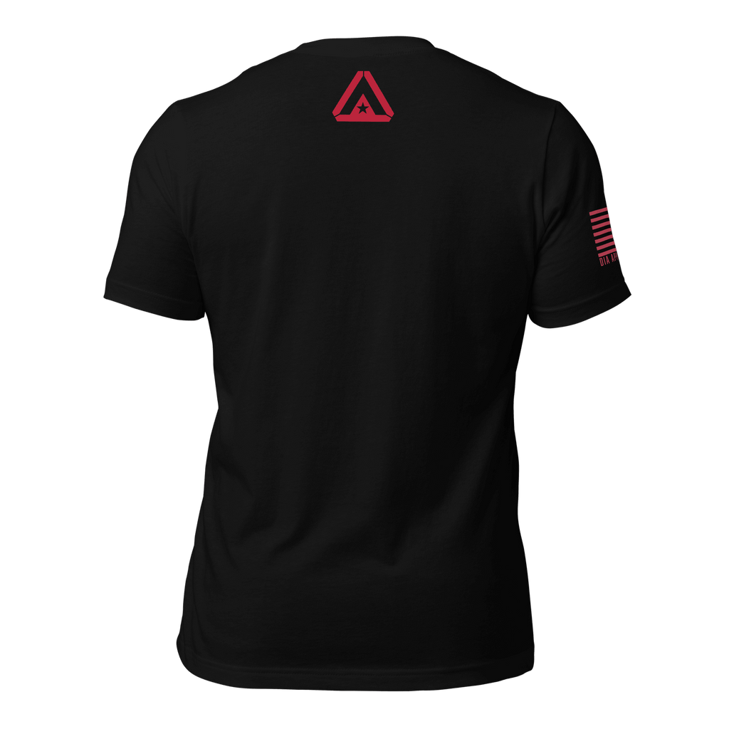 Black t-shirt, back view, featuring a red DIA logo below the neck and a red American flag on the right sleeve.