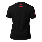 Black t-shirt, back view, featuring a red DIA logo below the neck and a red American flag on the right sleeve.