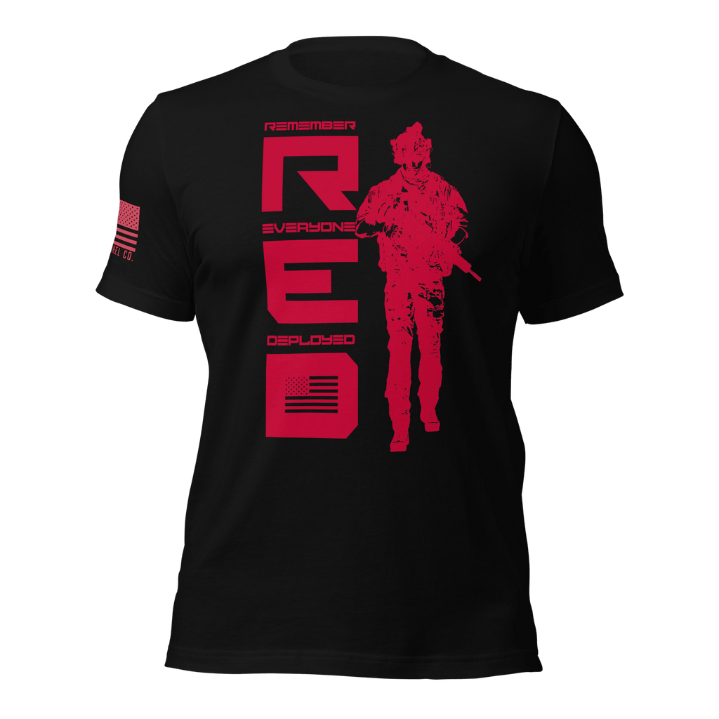 Black t-shirt featuring red vertical R.E.D. text, soldier silhouette, and red American flag on the right sleeve.