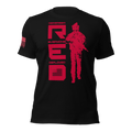 Black t-shirt featuring red vertical R.E.D. text, soldier silhouette, and red American flag on the right sleeve.