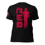 Black t-shirt featuring red vertical R.E.D. text, soldier silhouette, and red American flag on the right sleeve.