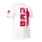 White t-shirt, angled left, featuring red vertical R.E.D. text, soldier silhouette, and red American flag on the sleeve.