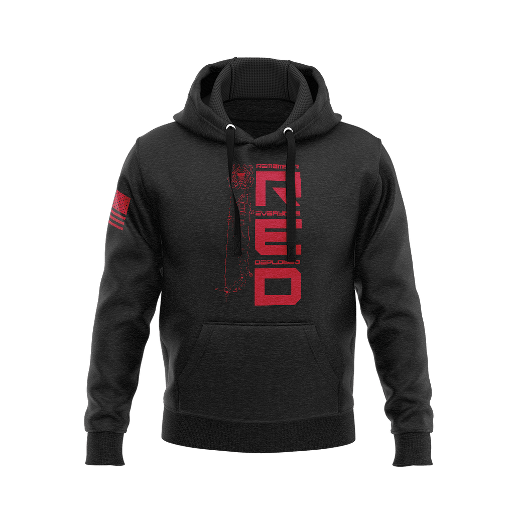 Black hoodie, front view, featuring a red vertical "RED" graphic with a ship and an American flag on the sleeve.