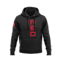 Black hoodie, front view, featuring a red vertical "RED" graphic with a ship and an American flag on the sleeve.