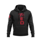Black hoodie, front view, featuring a red vertical "RED" graphic with a ship and an American flag on the sleeve.