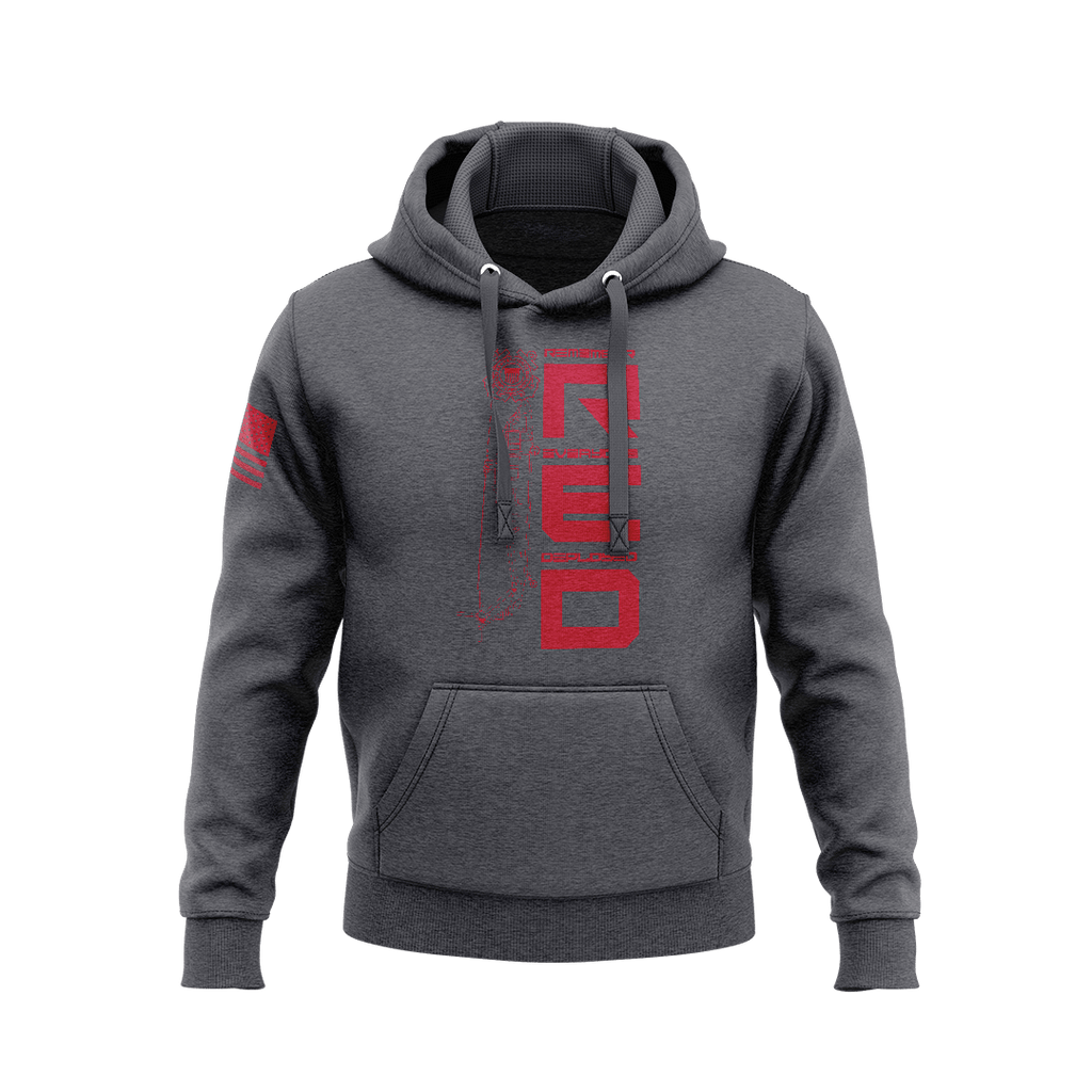 Charcoal hoodie, front view, featuring a red vertical "RED" graphic with a ship and an American flag on the sleeve.