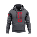 Charcoal hoodie, front view, featuring a red vertical "RED" graphic with a ship and an American flag on the sleeve.