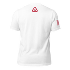 Back view of white USCG R.E.D. T-shirt with small red DIA logo at neckline