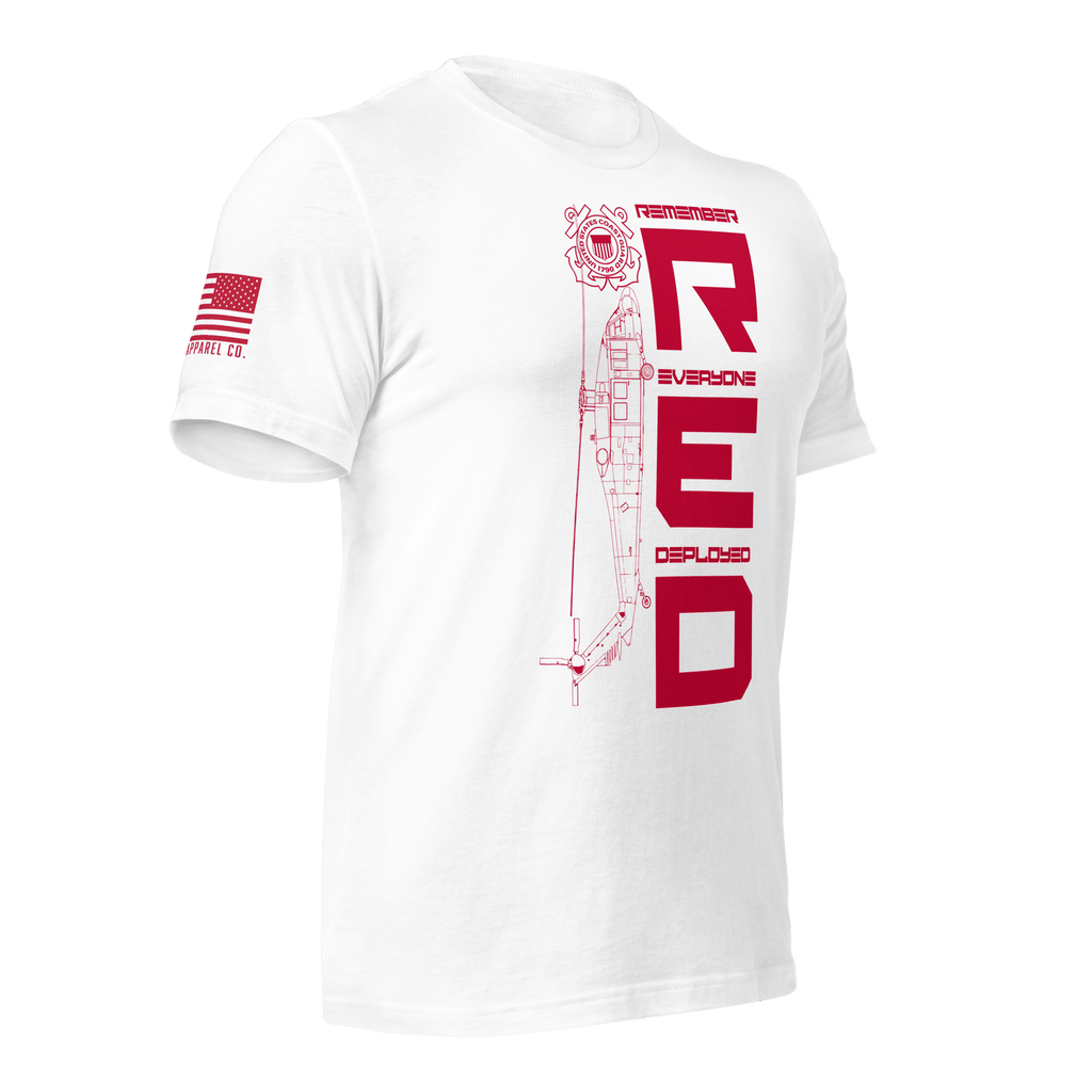 Angled front right of white USCG R.E.D. T-shirt with red emblem and text