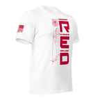 Angled front right of white USCG R.E.D. T-shirt with red emblem and text