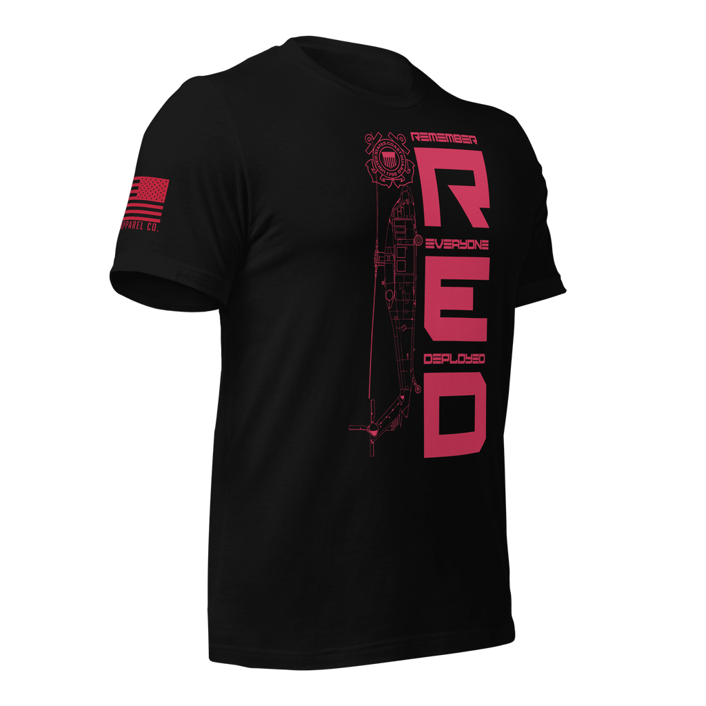 Angled front right view of black USCG R.E.D. T-shirt with red text and emblem