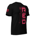 Angled front right view of black USCG R.E.D. T-shirt with red text and emblem
