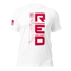 White “Remember Everyone Deployed R.E.D.” USCG T-shirt front with red vertical graphic