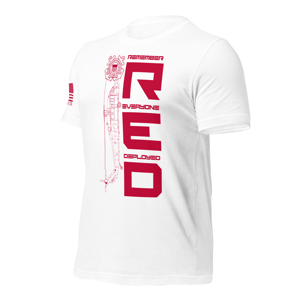 Angled front left view of white USCG R.E.D. T-shirt with red patriotic text