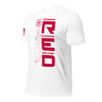 Angled front left view of white USCG R.E.D. T-shirt with red patriotic text