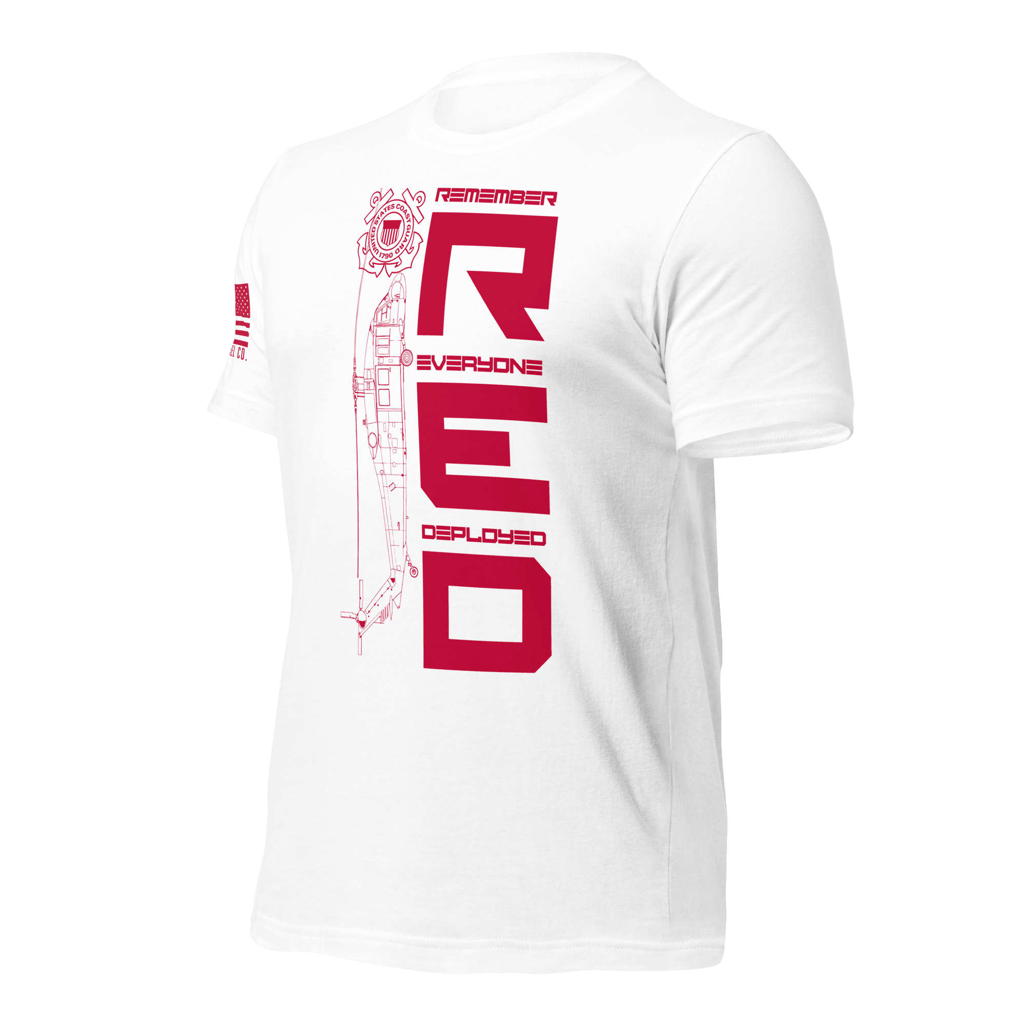 Angled front left view of white USCG R.E.D. T-shirt with red patriotic text