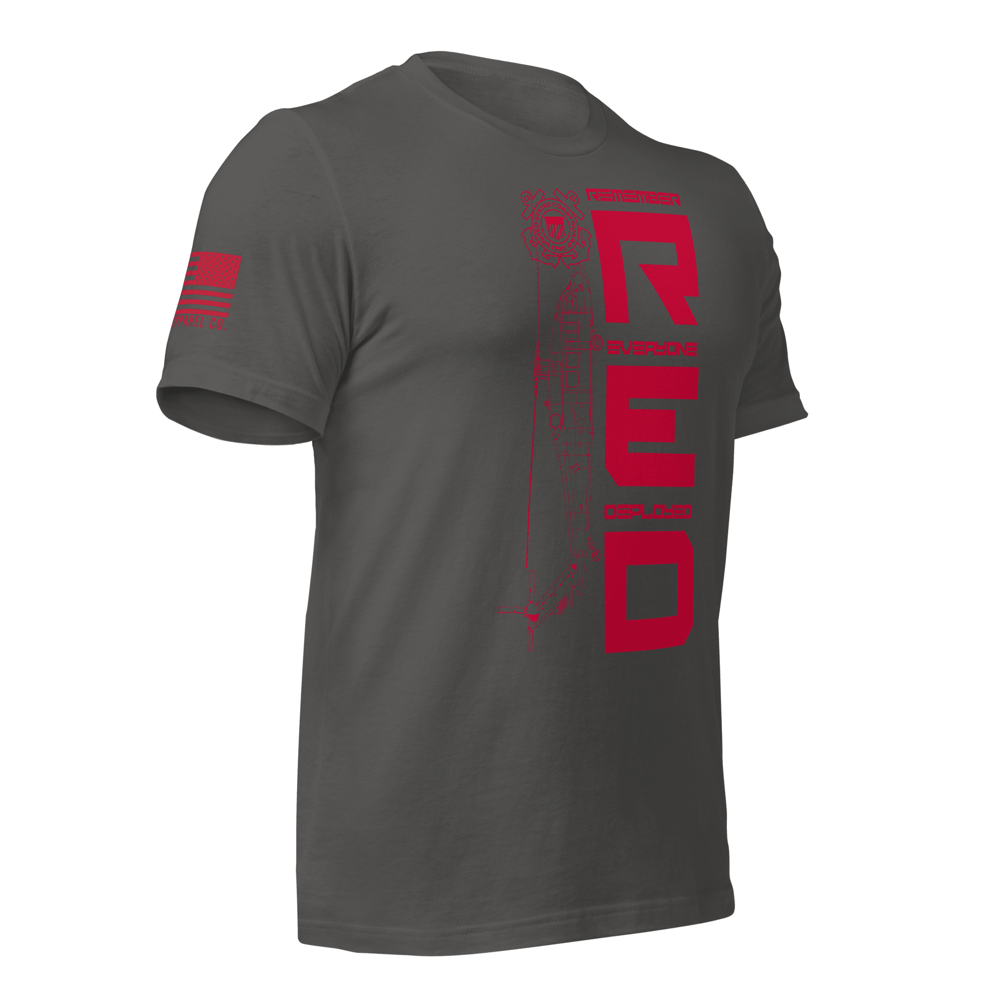 Angled front right of asphalt USCG R.E.D. T-shirt with bold red text