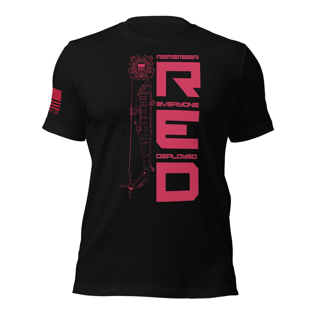 Black “Remember Everyone Deployed R.E.D.” USCG T-shirt front with red vertical helicopter graphic