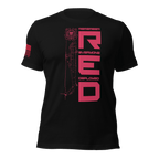Black “Remember Everyone Deployed R.E.D.” USCG T-shirt front with red vertical helicopter graphic