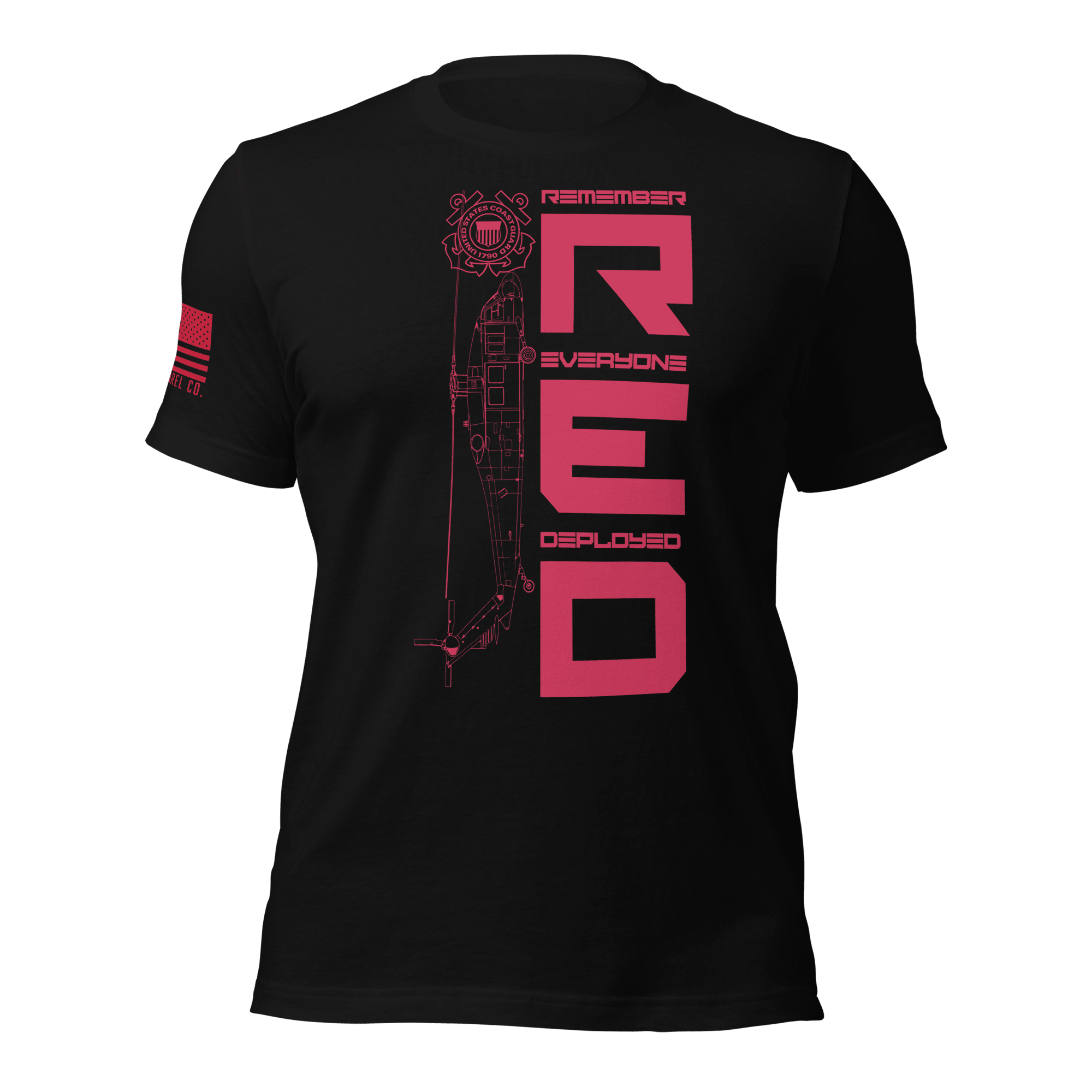 Black “Remember Everyone Deployed R.E.D.” USCG T-shirt front with red vertical helicopter graphic