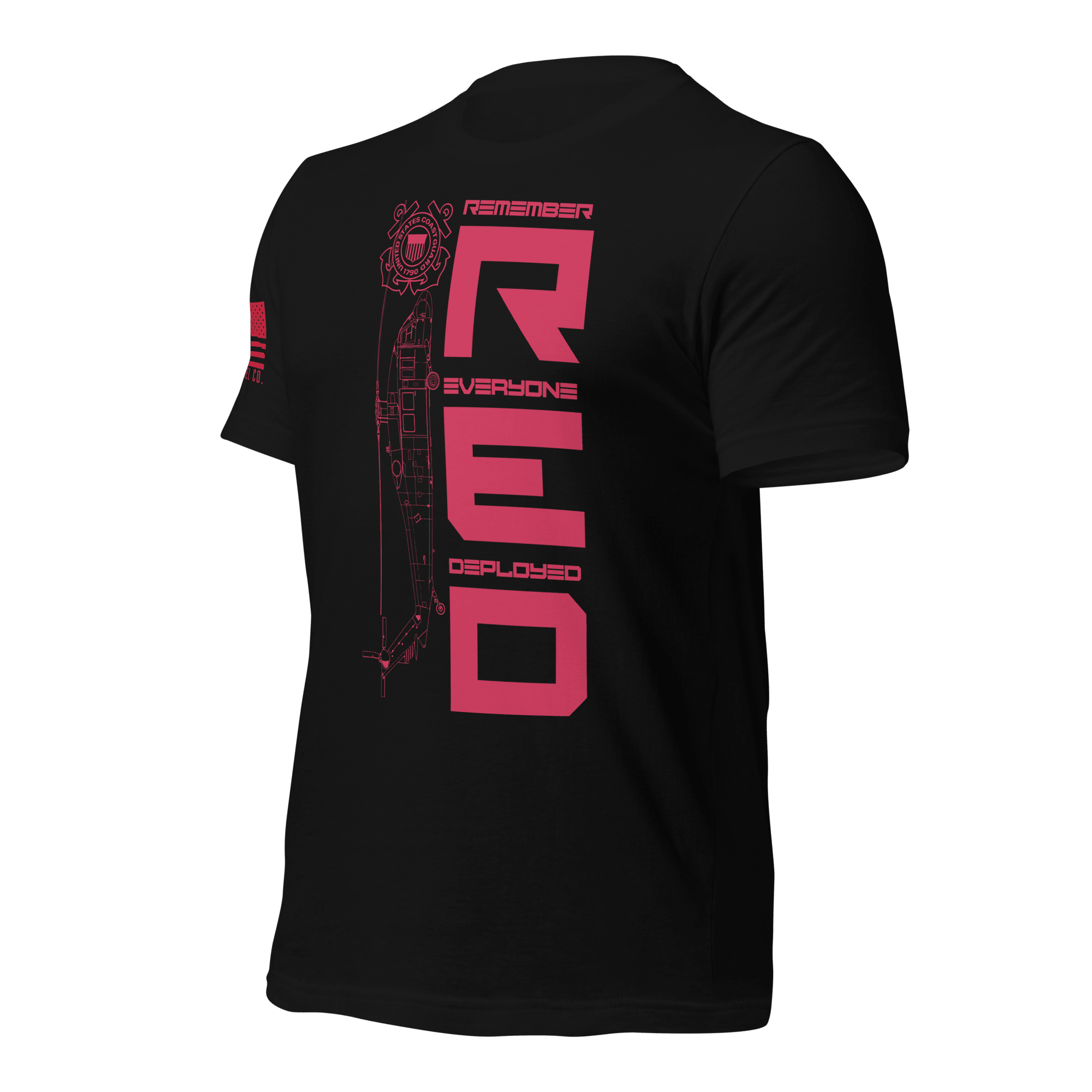 Angled front left view of black USCG R.E.D. T-shirt with red patriotic design