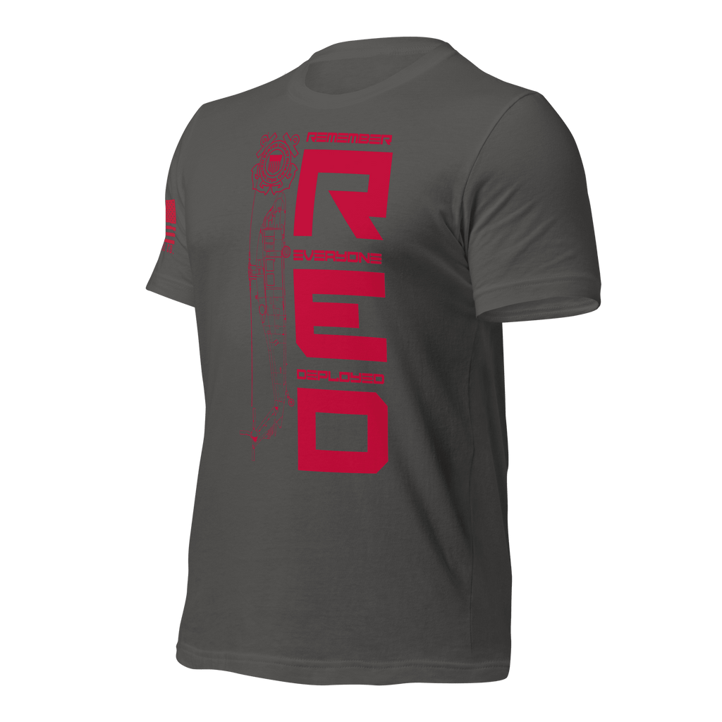 Angled front left of asphalt USCG R.E.D. T-shirt with red patriotic design