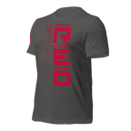 Angled front left of asphalt USCG R.E.D. T-shirt with red patriotic design