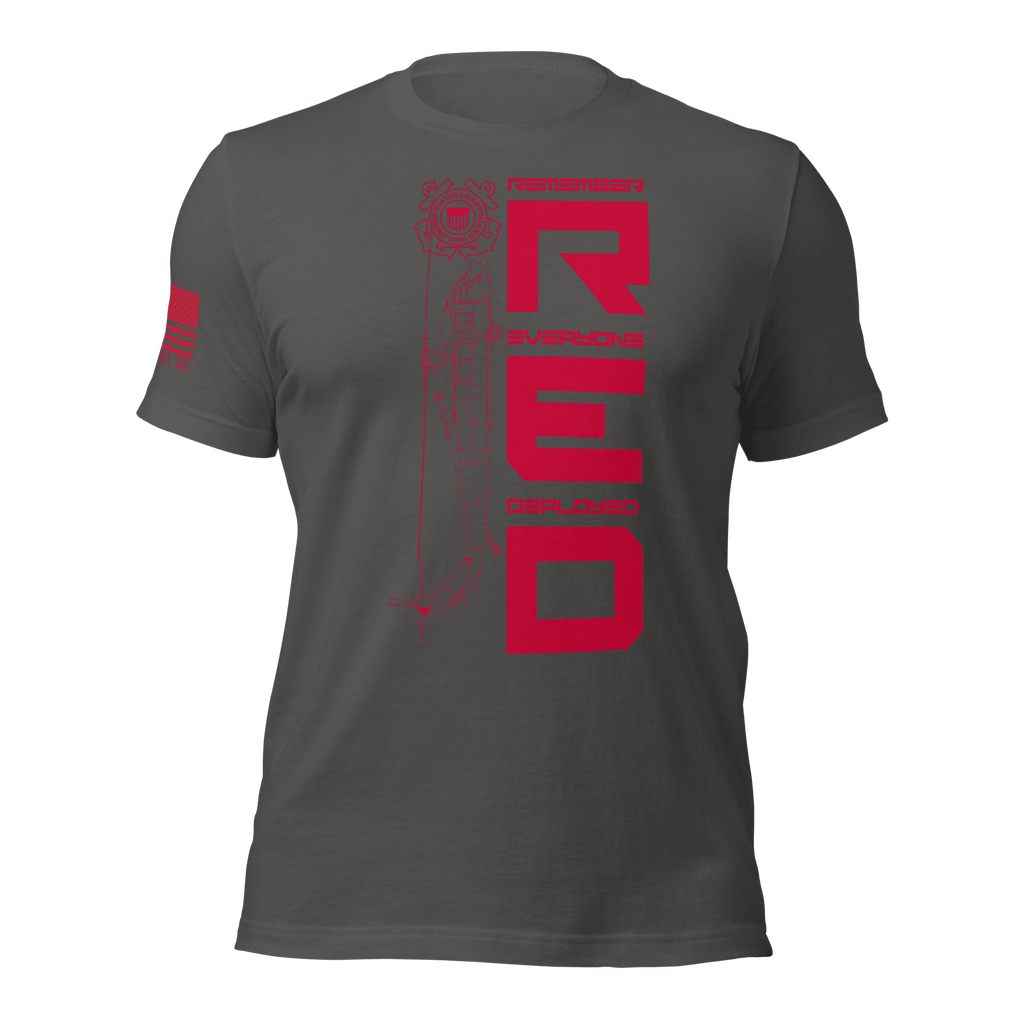 Asphalt “Remember Everyone Deployed R.E.D.” USCG T-shirt front with a red vertical graphic of a helicopter