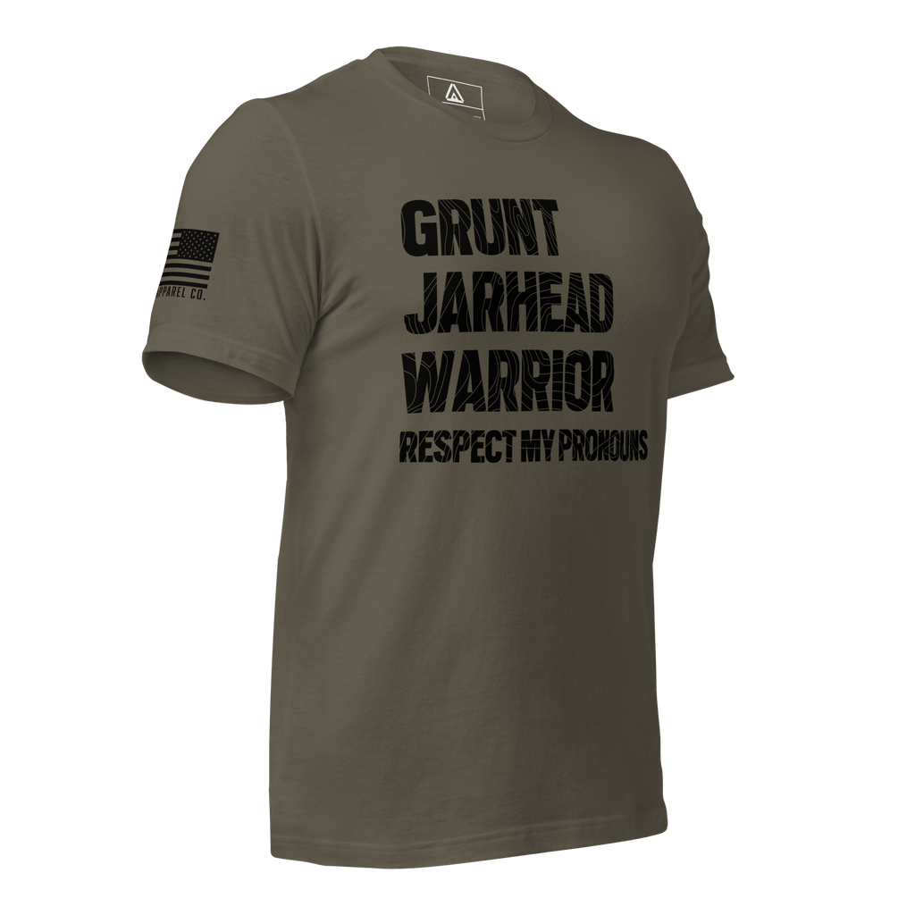 Army green t-shirt featuring "GRUNT JARHEAD WARRIOR" text shown from a three-quarter view